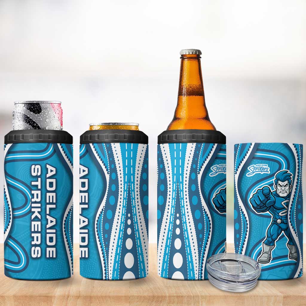 Adelaide Strikers 4 in 1 Can Cooler Tumbler Aboriginal Dot Art Cyan Blue - Tribal Wave Pattern