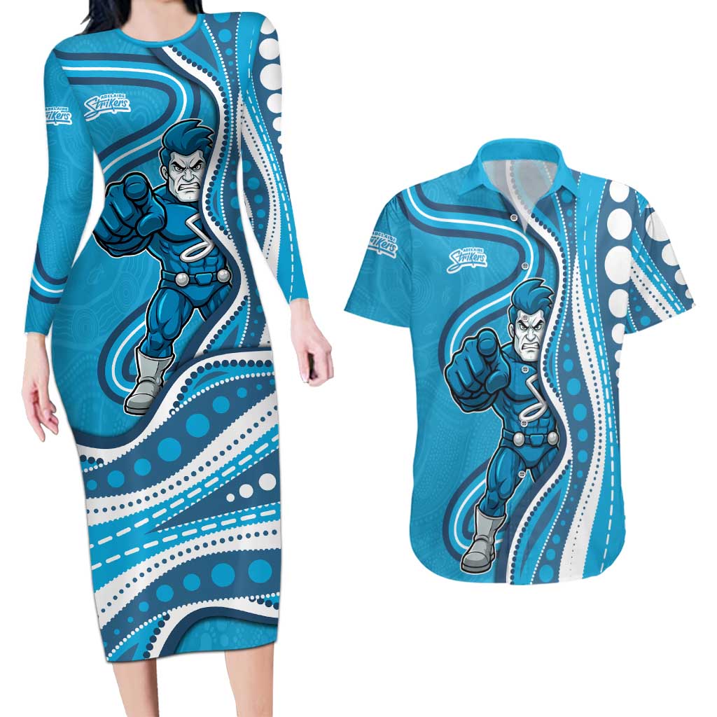 Adelaide Strikers Couples Matching Long Sleeve Bodycon Dress and Hawaiian Shirt Aboriginal Dot Art Cyan Blue - Tribal Wave Pattern