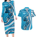 Adelaide Strikers Couples Matching Long Sleeve Bodycon Dress and Hawaiian Shirt Aboriginal Dot Art Cyan Blue - Tribal Wave Pattern