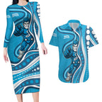 Adelaide Strikers Couples Matching Long Sleeve Bodycon Dress and Hawaiian Shirt Aboriginal Dot Art Cyan Blue - Tribal Wave Pattern
