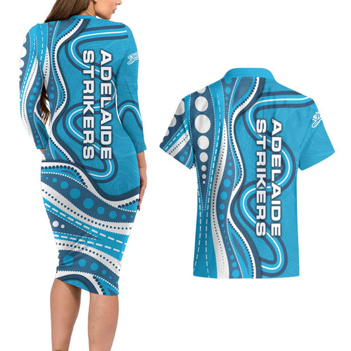 Adelaide Strikers Couples Matching Long Sleeve Bodycon Dress and Hawaiian Shirt Aboriginal Dot Art Cyan Blue - Tribal Wave Pattern