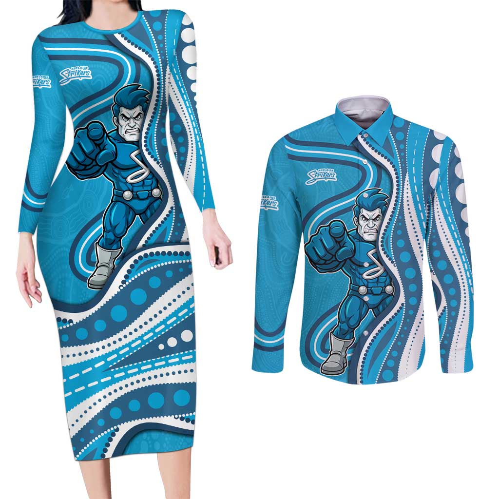 Adelaide Strikers Couples Matching Long Sleeve Bodycon Dress and Long Sleeve Button Shirt Aboriginal Dot Art Cyan Blue - Tribal Wave Pattern