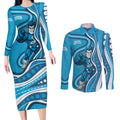 Adelaide Strikers Couples Matching Long Sleeve Bodycon Dress and Long Sleeve Button Shirt Aboriginal Dot Art Cyan Blue - Tribal Wave Pattern