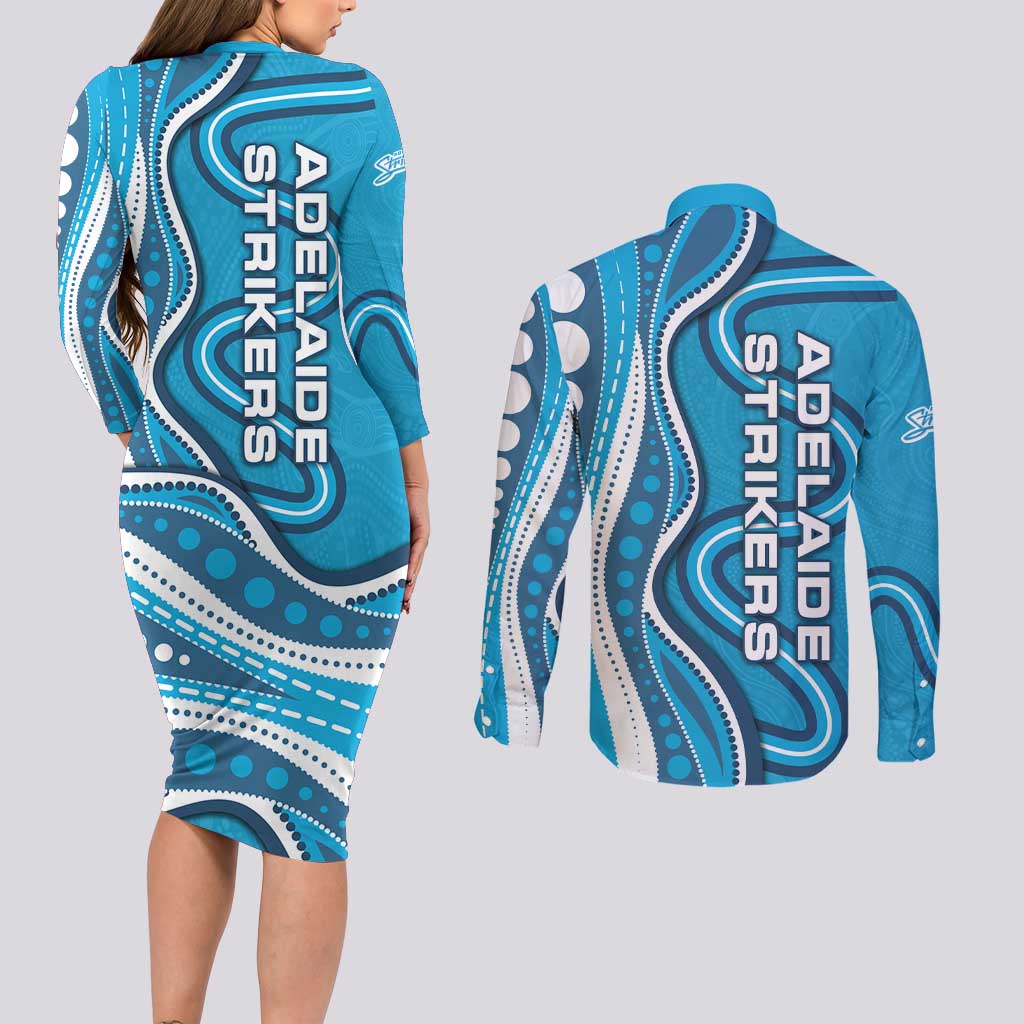 Adelaide Strikers Couples Matching Long Sleeve Bodycon Dress and Long Sleeve Button Shirt Aboriginal Dot Art Cyan Blue - Tribal Wave Pattern