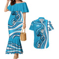 Adelaide Strikers Couples Matching Mermaid Dress and Hawaiian Shirt Aboriginal Dot Art Cyan Blue - Tribal Wave Pattern