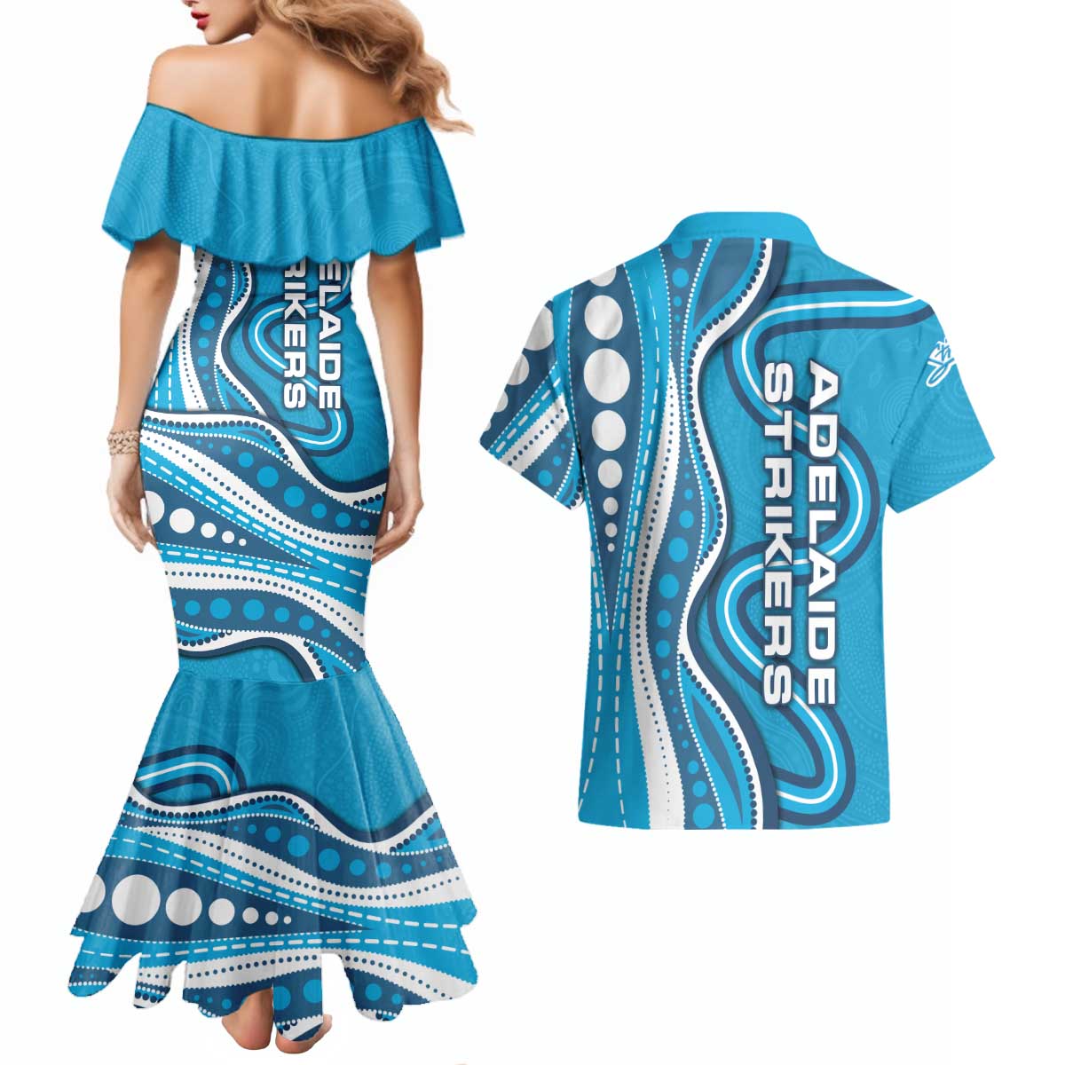 Adelaide Strikers Couples Matching Mermaid Dress and Hawaiian Shirt Aboriginal Dot Art Cyan Blue - Tribal Wave Pattern