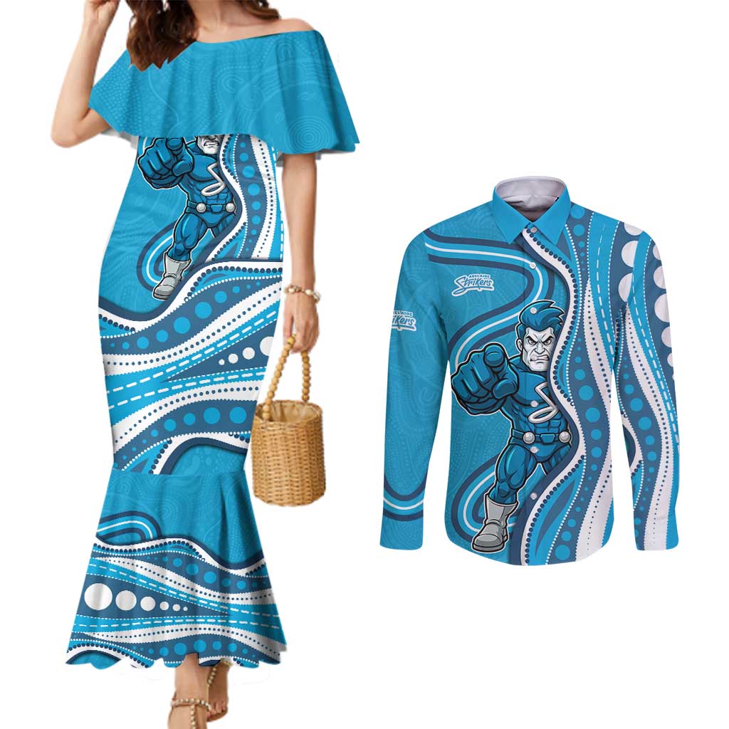 Adelaide Strikers Couples Matching Mermaid Dress and Long Sleeve Button Shirt Aboriginal Dot Art Cyan Blue - Tribal Wave Pattern