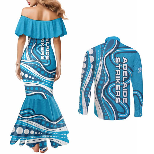 Adelaide Strikers Couples Matching Mermaid Dress and Long Sleeve Button Shirt Aboriginal Dot Art Cyan Blue - Tribal Wave Pattern
