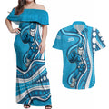 Adelaide Strikers Couples Matching Off Shoulder Maxi Dress and Hawaiian Shirt Aboriginal Dot Art Cyan Blue - Tribal Wave Pattern