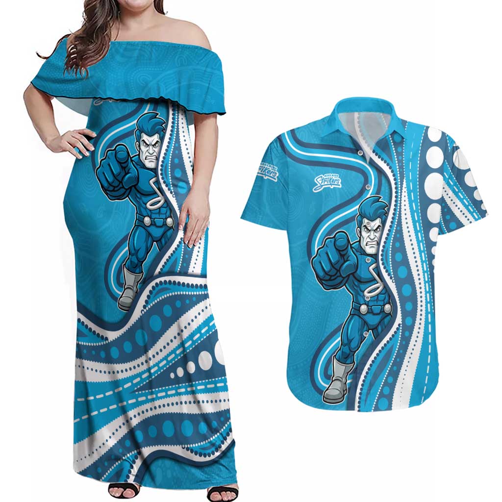 Adelaide Strikers Couples Matching Off Shoulder Maxi Dress and Hawaiian Shirt Aboriginal Dot Art Cyan Blue - Tribal Wave Pattern