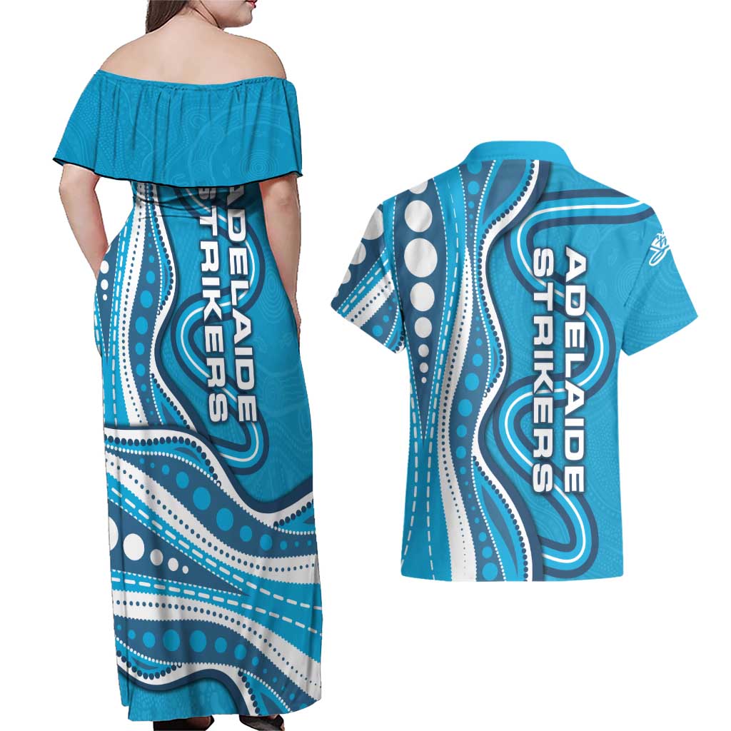 Adelaide Strikers Couples Matching Off Shoulder Maxi Dress and Hawaiian Shirt Aboriginal Dot Art Cyan Blue - Tribal Wave Pattern