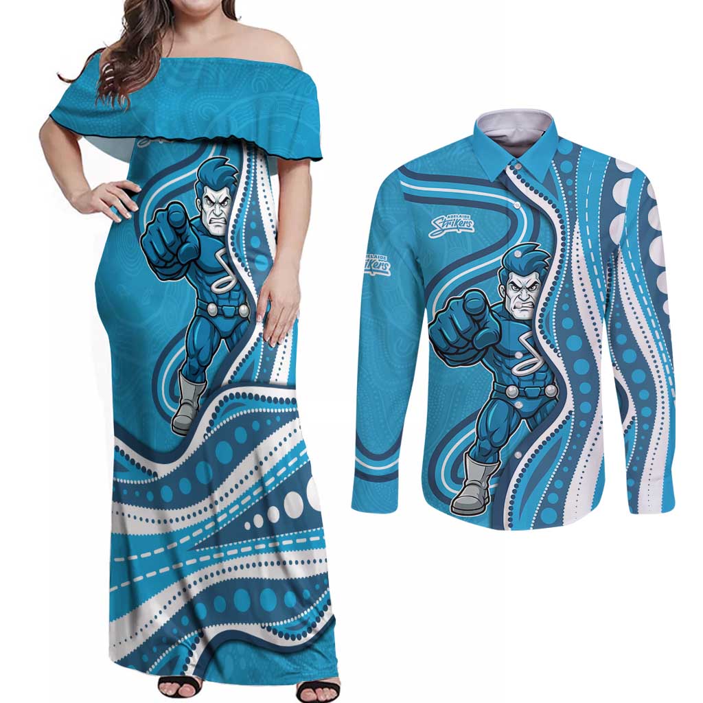 Adelaide Strikers Couples Matching Off Shoulder Maxi Dress and Long Sleeve Button Shirt Aboriginal Dot Art Cyan Blue - Tribal Wave Pattern