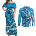 Adelaide Strikers Couples Matching Off Shoulder Maxi Dress and Long Sleeve Button Shirt Aboriginal Dot Art Cyan Blue - Tribal Wave Pattern