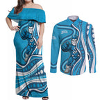 Adelaide Strikers Couples Matching Off Shoulder Maxi Dress and Long Sleeve Button Shirt Aboriginal Dot Art Cyan Blue - Tribal Wave Pattern