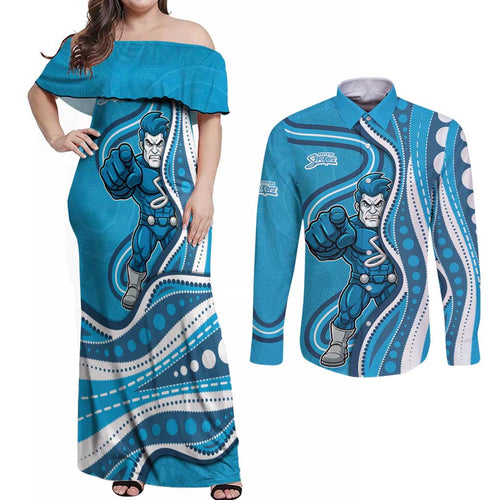 Adelaide Strikers Couples Matching Off Shoulder Maxi Dress and Long Sleeve Button Shirt Aboriginal Dot Art Cyan Blue - Tribal Wave Pattern