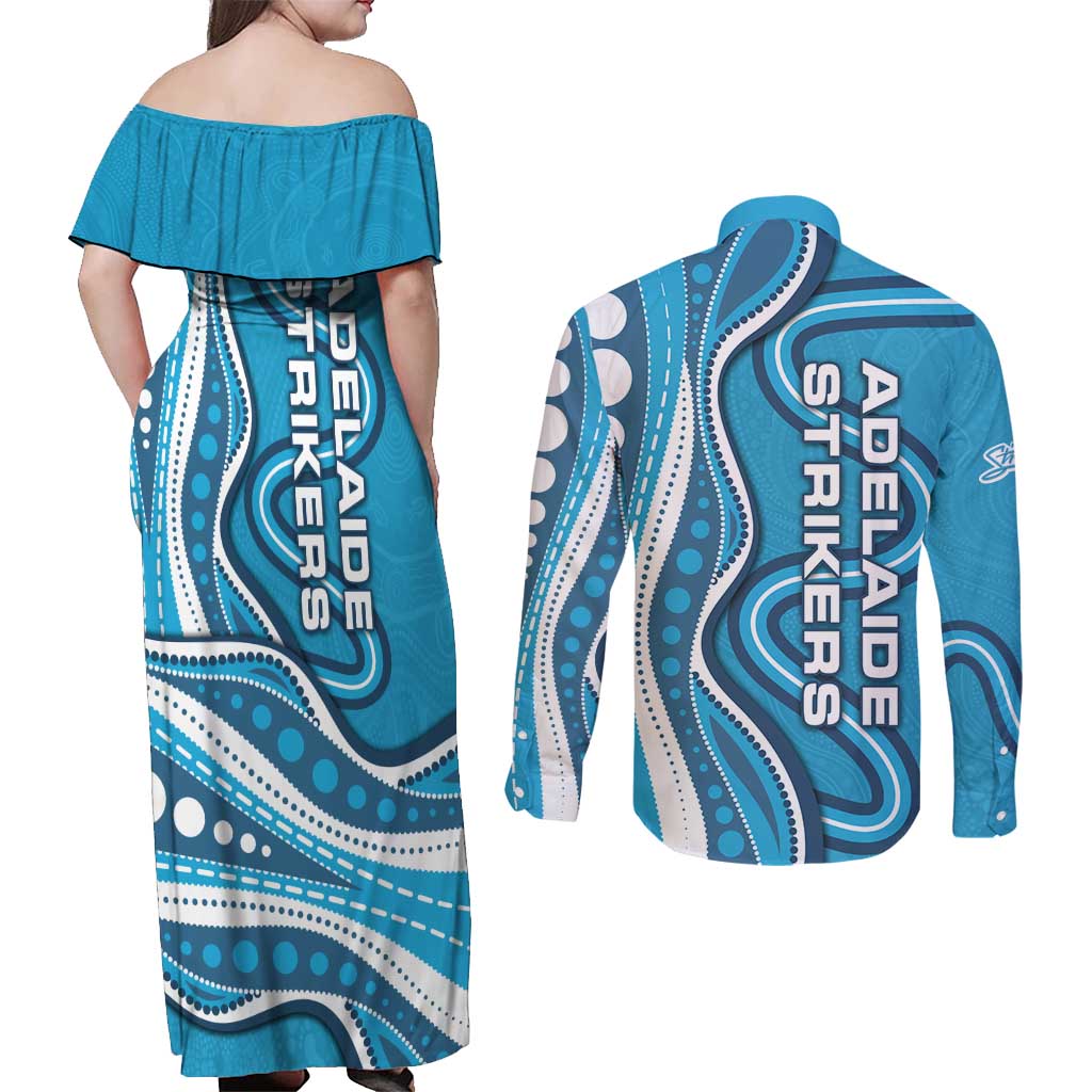 Adelaide Strikers Couples Matching Off Shoulder Maxi Dress and Long Sleeve Button Shirt Aboriginal Dot Art Cyan Blue - Tribal Wave Pattern