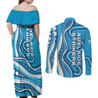 Adelaide Strikers Couples Matching Off Shoulder Maxi Dress and Long Sleeve Button Shirt Aboriginal Dot Art Cyan Blue - Tribal Wave Pattern