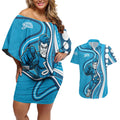Adelaide Strikers Couples Matching Off Shoulder Short Dress and Hawaiian Shirt Aboriginal Dot Art Cyan Blue - Tribal Wave Pattern