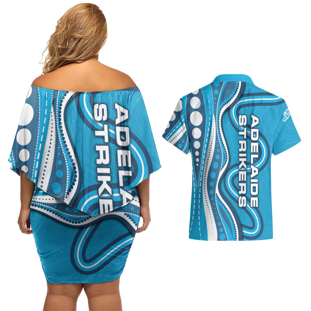 Adelaide Strikers Couples Matching Off Shoulder Short Dress and Hawaiian Shirt Aboriginal Dot Art Cyan Blue - Tribal Wave Pattern