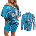 Adelaide Strikers Couples Matching Off Shoulder Short Dress and Long Sleeve Button Shirt Aboriginal Dot Art Cyan Blue - Tribal Wave Pattern