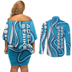 Adelaide Strikers Couples Matching Off Shoulder Short Dress and Long Sleeve Button Shirt Aboriginal Dot Art Cyan Blue - Tribal Wave Pattern