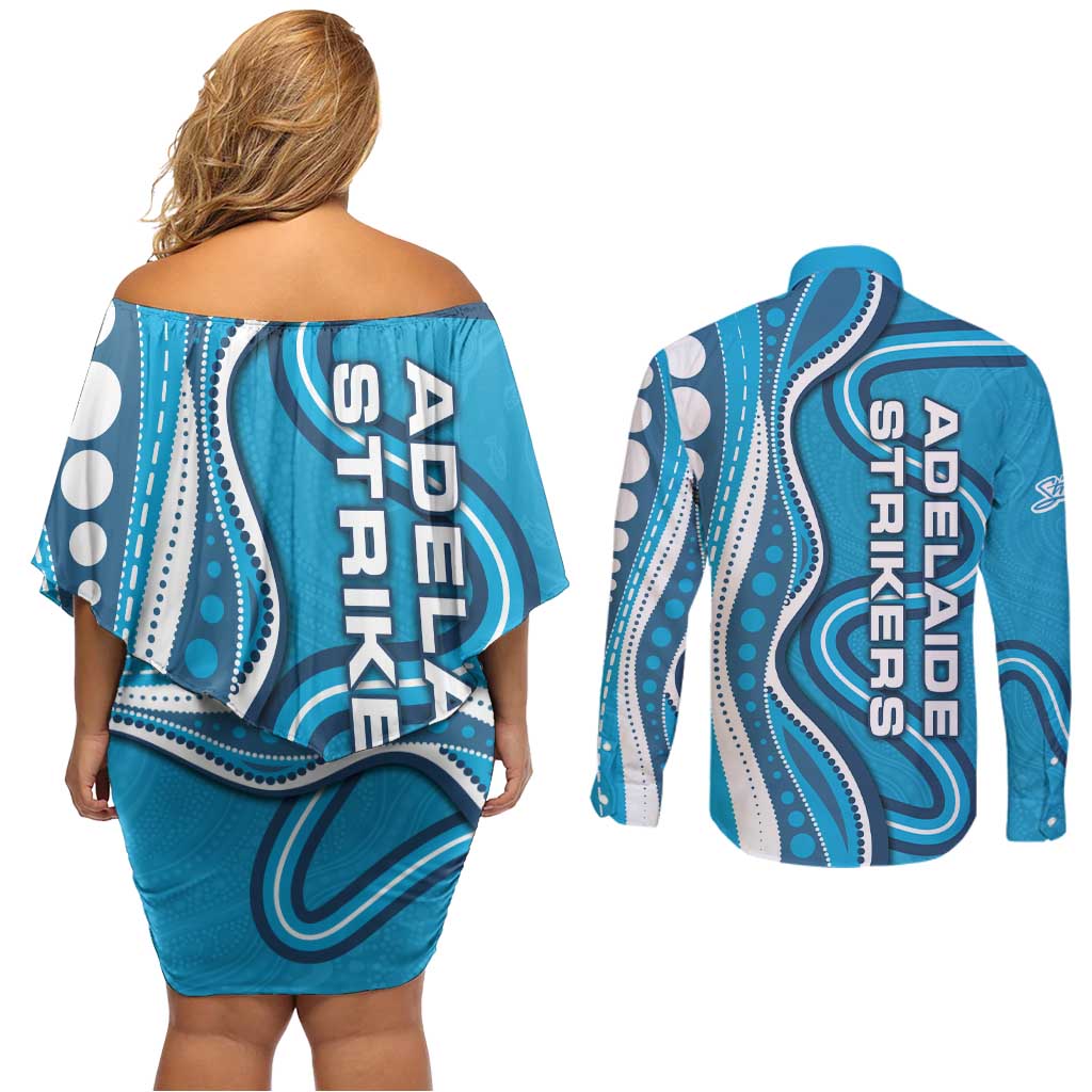 Adelaide Strikers Couples Matching Off Shoulder Short Dress and Long Sleeve Button Shirt Aboriginal Dot Art Cyan Blue - Tribal Wave Pattern