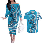 Adelaide Strikers Couples Matching Off The Shoulder Long Sleeve Dress and Hawaiian Shirt Aboriginal Dot Art Cyan Blue - Tribal Wave Pattern