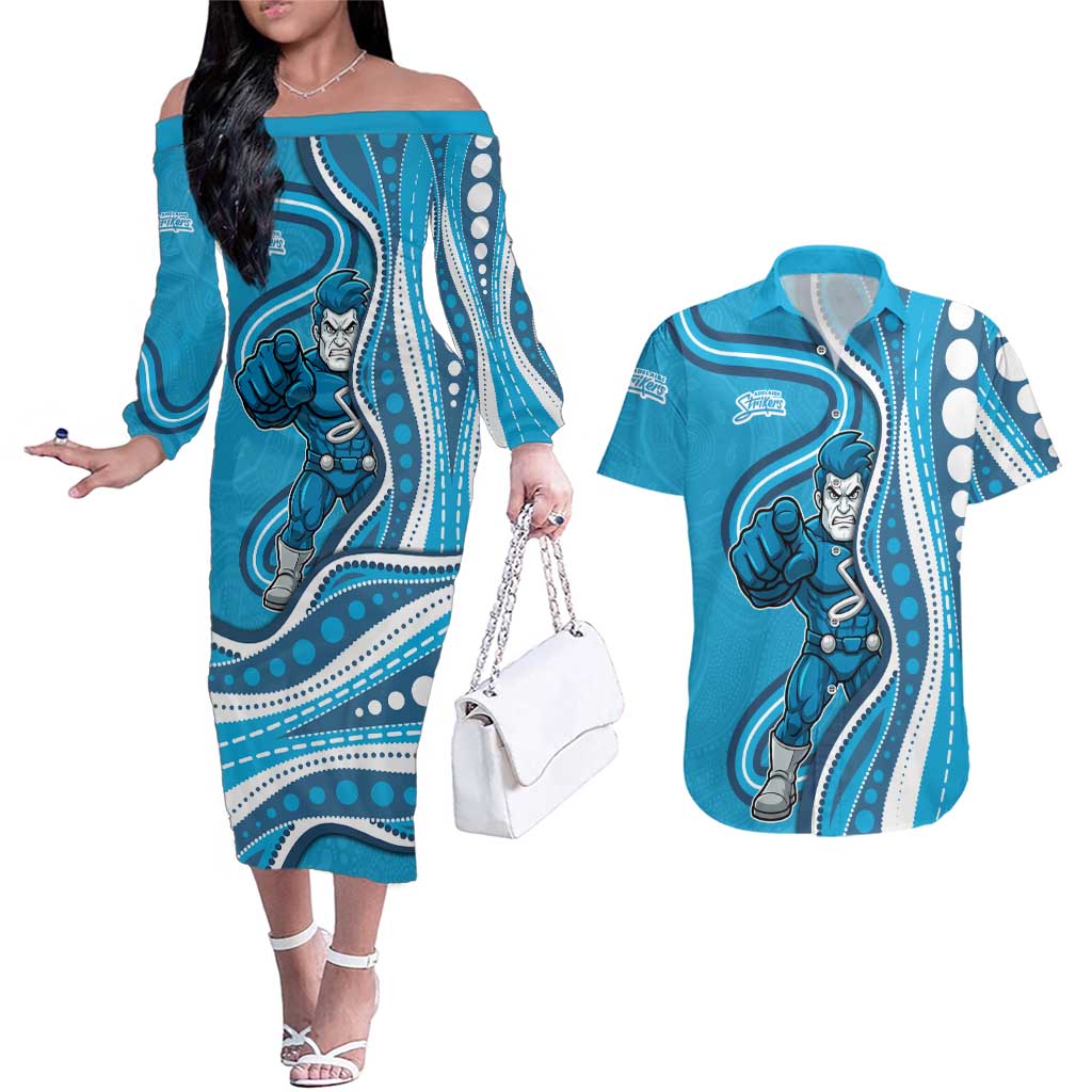 Adelaide Strikers Couples Matching Off The Shoulder Long Sleeve Dress and Hawaiian Shirt Aboriginal Dot Art Cyan Blue - Tribal Wave Pattern
