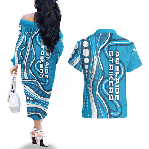 Adelaide Strikers Couples Matching Off The Shoulder Long Sleeve Dress and Hawaiian Shirt Aboriginal Dot Art Cyan Blue - Tribal Wave Pattern