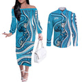 Adelaide Strikers Couples Matching Off The Shoulder Long Sleeve Dress and Long Sleeve Button Shirt Aboriginal Dot Art Cyan Blue - Tribal Wave Pattern