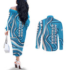 Adelaide Strikers Couples Matching Off The Shoulder Long Sleeve Dress and Long Sleeve Button Shirt Aboriginal Dot Art Cyan Blue - Tribal Wave Pattern