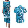 Adelaide Strikers Couples Matching Puletasi and Hawaiian Shirt Aboriginal Dot Art Cyan Blue - Tribal Wave Pattern