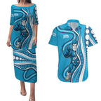 Adelaide Strikers Couples Matching Puletasi and Hawaiian Shirt Aboriginal Dot Art Cyan Blue - Tribal Wave Pattern