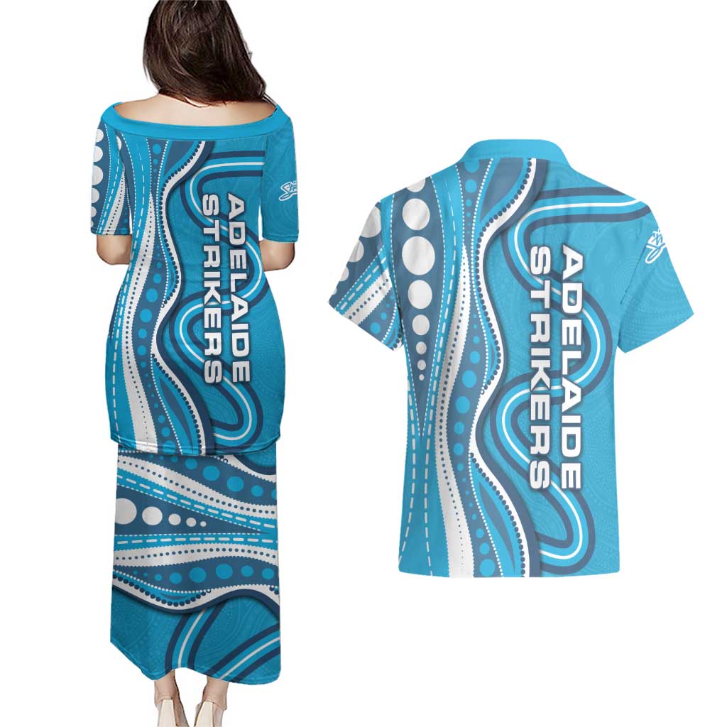 Adelaide Strikers Couples Matching Puletasi and Hawaiian Shirt Aboriginal Dot Art Cyan Blue - Tribal Wave Pattern