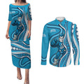 Adelaide Strikers Couples Matching Puletasi and Long Sleeve Button Shirt Aboriginal Dot Art Cyan Blue - Tribal Wave Pattern
