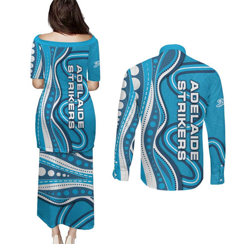 Adelaide Strikers Couples Matching Puletasi and Long Sleeve Button Shirt Aboriginal Dot Art Cyan Blue - Tribal Wave Pattern