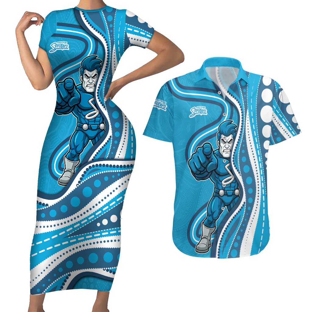 Adelaide Strikers Couples Matching Short Sleeve Bodycon Dress and Hawaiian Shirt Aboriginal Dot Art Cyan Blue - Tribal Wave Pattern
