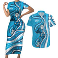 Adelaide Strikers Couples Matching Short Sleeve Bodycon Dress and Hawaiian Shirt Aboriginal Dot Art Cyan Blue - Tribal Wave Pattern