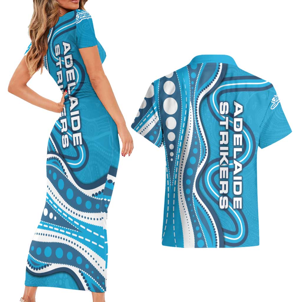 Adelaide Strikers Couples Matching Short Sleeve Bodycon Dress and Hawaiian Shirt Aboriginal Dot Art Cyan Blue - Tribal Wave Pattern