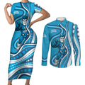 Adelaide Strikers Couples Matching Short Sleeve Bodycon Dress and Long Sleeve Button Shirt Aboriginal Dot Art Cyan Blue - Tribal Wave Pattern