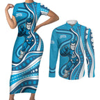 Adelaide Strikers Couples Matching Short Sleeve Bodycon Dress and Long Sleeve Button Shirt Aboriginal Dot Art Cyan Blue - Tribal Wave Pattern