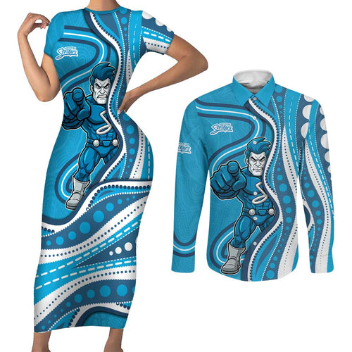 Adelaide Strikers Couples Matching Short Sleeve Bodycon Dress and Long Sleeve Button Shirt Aboriginal Dot Art Cyan Blue - Tribal Wave Pattern
