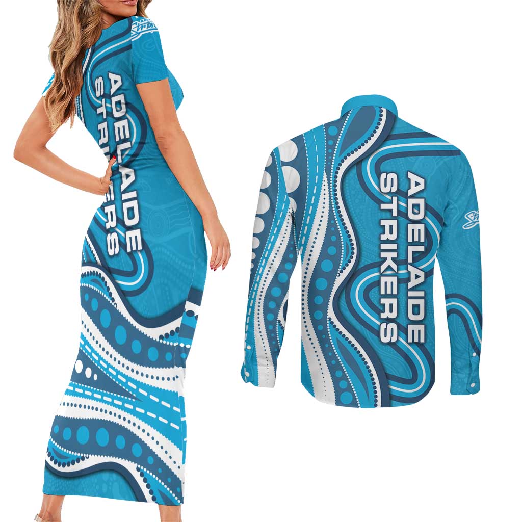 Adelaide Strikers Couples Matching Short Sleeve Bodycon Dress and Long Sleeve Button Shirt Aboriginal Dot Art Cyan Blue - Tribal Wave Pattern