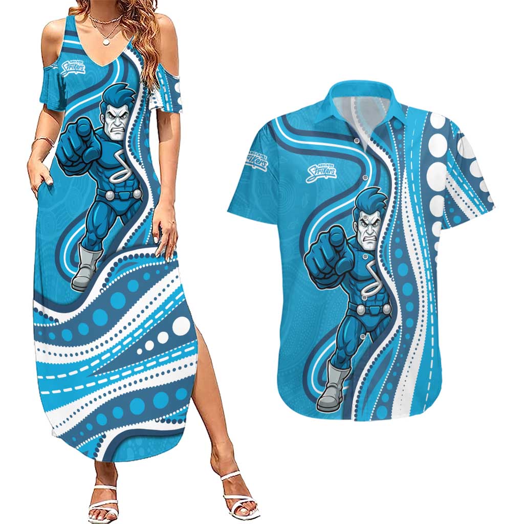Adelaide Strikers Couples Matching Summer Maxi Dress and Hawaiian Shirt Aboriginal Dot Art Cyan Blue - Tribal Wave Pattern
