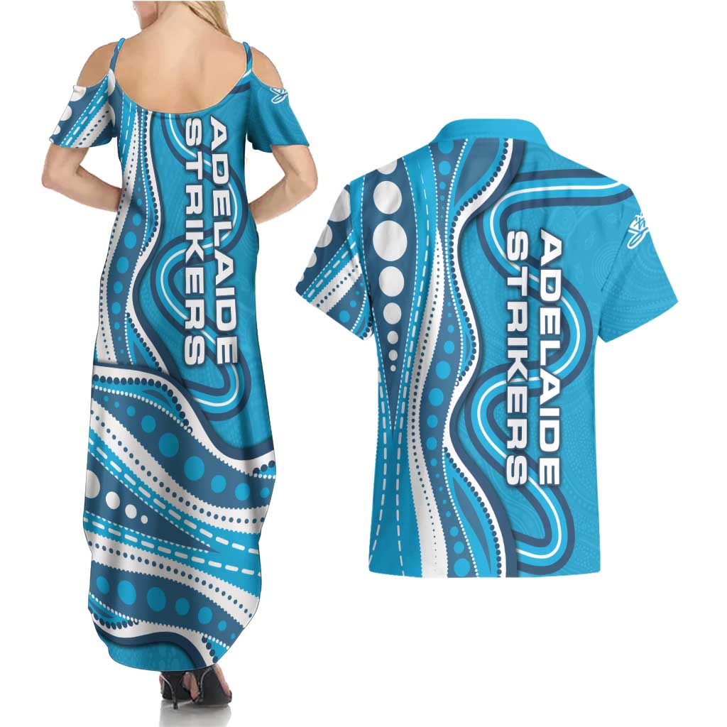 Adelaide Strikers Couples Matching Summer Maxi Dress and Hawaiian Shirt Aboriginal Dot Art Cyan Blue - Tribal Wave Pattern