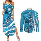 Adelaide Strikers Couples Matching Summer Maxi Dress and Long Sleeve Button Shirt Aboriginal Dot Art Cyan Blue - Tribal Wave Pattern