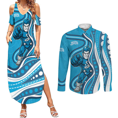 Adelaide Strikers Couples Matching Summer Maxi Dress and Long Sleeve Button Shirt Aboriginal Dot Art Cyan Blue - Tribal Wave Pattern