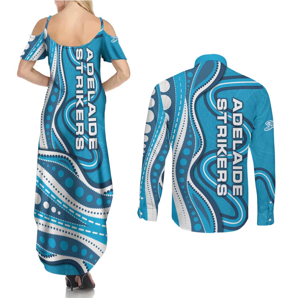 Adelaide Strikers Couples Matching Summer Maxi Dress and Long Sleeve Button Shirt Aboriginal Dot Art Cyan Blue - Tribal Wave Pattern