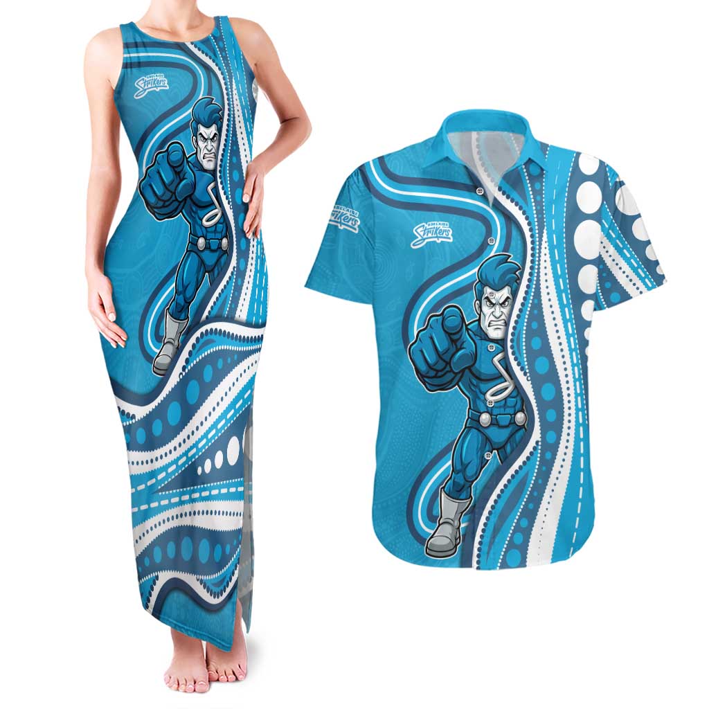 Adelaide Strikers Couples Matching Tank Maxi Dress and Hawaiian Shirt Aboriginal Dot Art Cyan Blue - Tribal Wave Pattern