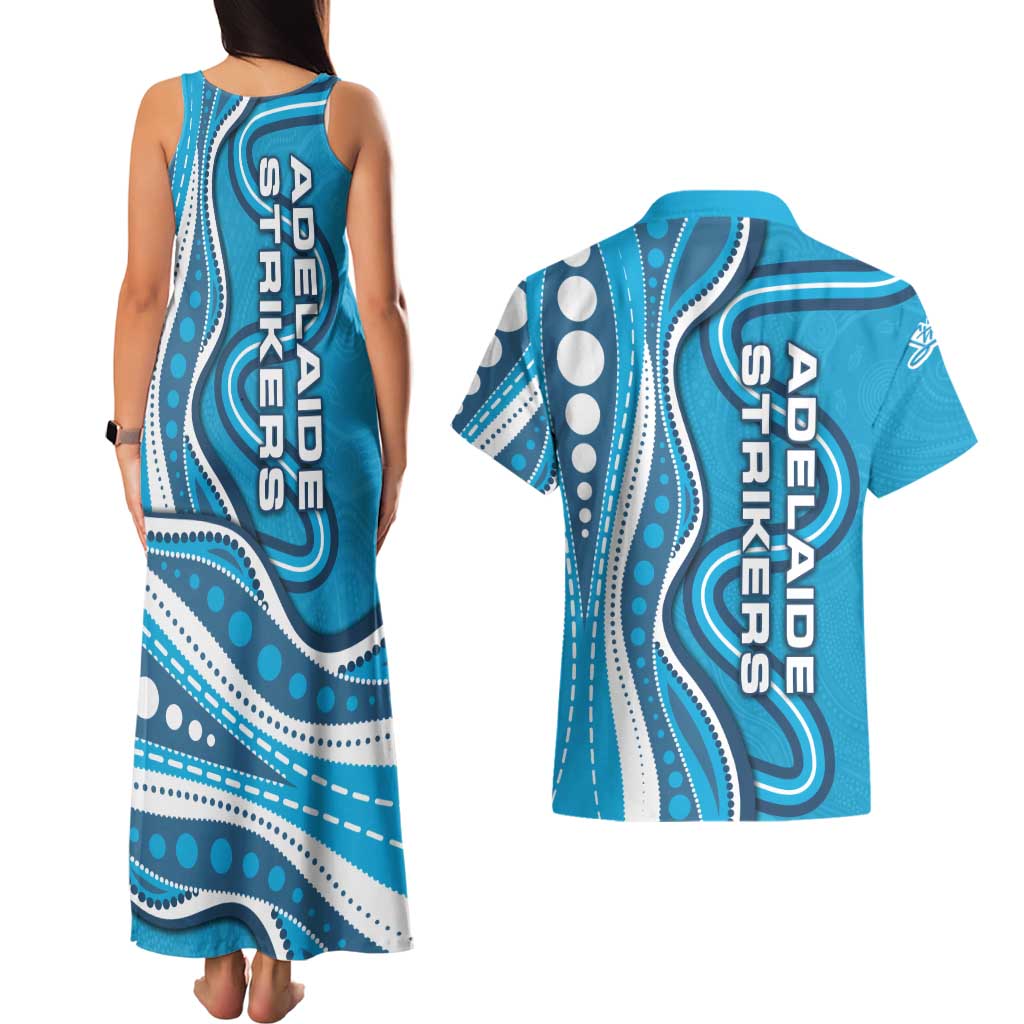 Adelaide Strikers Couples Matching Tank Maxi Dress and Hawaiian Shirt Aboriginal Dot Art Cyan Blue - Tribal Wave Pattern